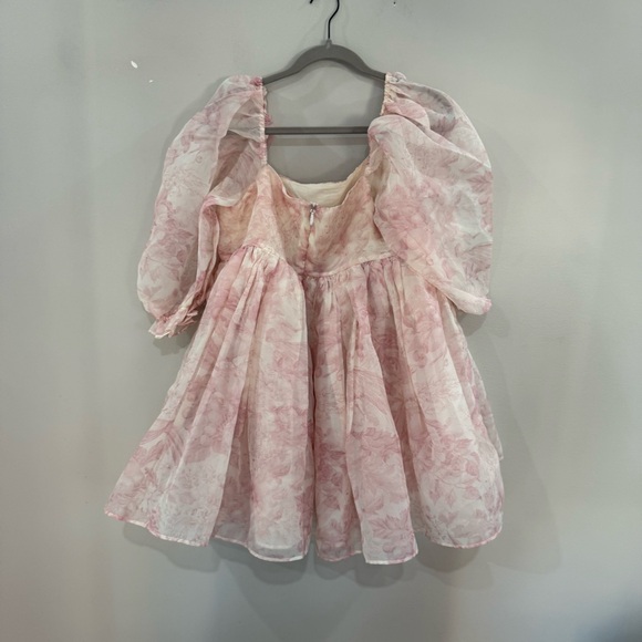 Selkie Dress Puff Sleeve Organza Mini Babydoll in Pink Floral - Picture 7 of 9